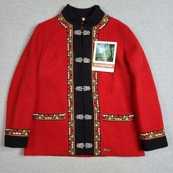 VTG Fjord Fashion Nordic Fair Isle Red Felted Boiled Wool Clasp Coat Womens 44 - Picture 1 of 16